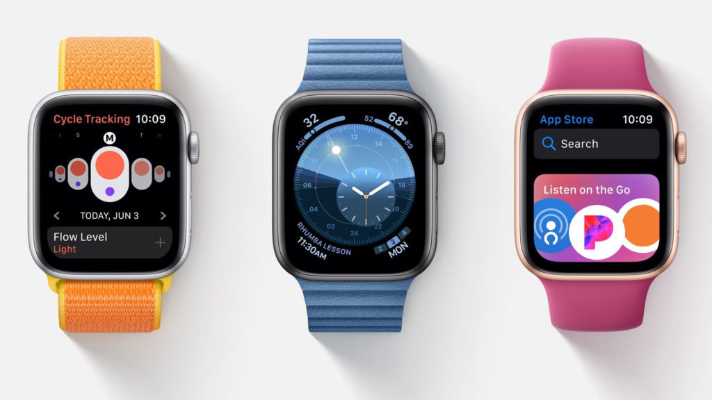 A photograph of a collection of Apple Watch Series 5 watches, comprised of yellow, blue, and pink color-ways.